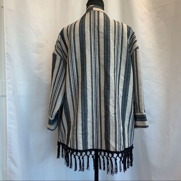 Zara Ecru Fringe Striped Kimono Jacket gray cream Sz M - Picture 6 of 12